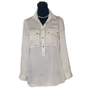 Michael Kors Womens Cream Satin Button Roll Tab Long Sleeves Pocket Top Size XS